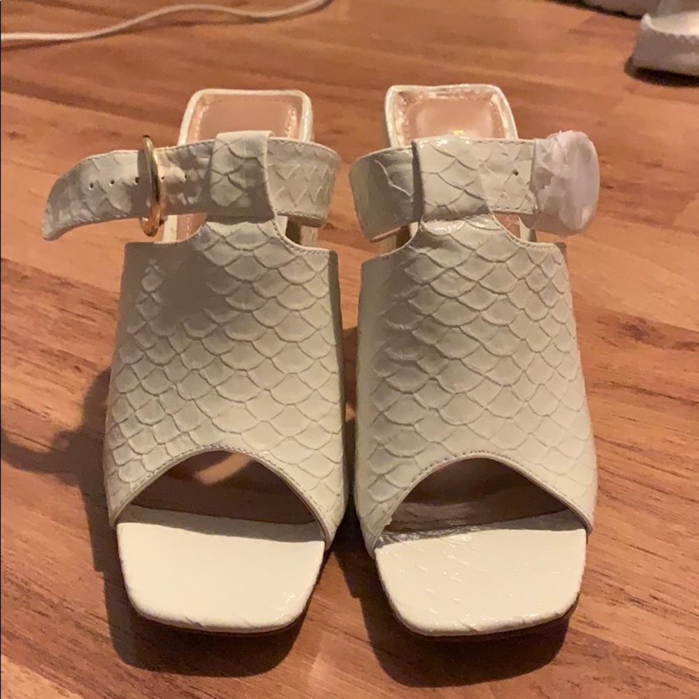 White chunky heel snake skin mule sandals